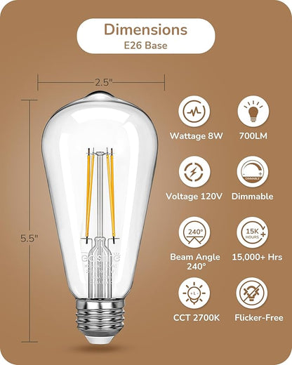 EDISHINE 6 Pack Vintage LED Edison Bulbs 8W Equivalent 60W, ST64 Dimmable Led Light Bulbs, 700LM 2700K Warm White Light E26 Base, Decorative Antique LED Filament Bulbs for Home and Commercial