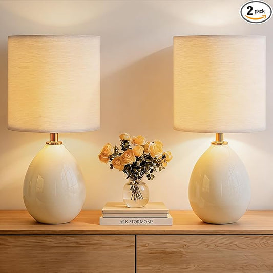 18.5" Table Lamps Set of 2 for Living Room Bedroom, Bedside Lamps for Night Stands, Desk Nightstand Lamp Dimmable, Modern Linen Cream Ceramic Lamps