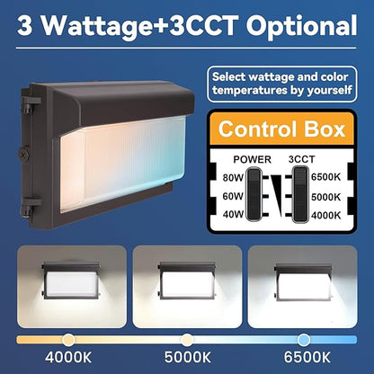80W LED Wall Pack Light 4Pack: Dusk to Dawn Photocell, 4000/5000/6500K 3CCT, 40/60/80W Selectable, LED Wall Lights Outdoor Security Lighting for Building Parking Lot House Barn, 100-277VAC, ETL Listed