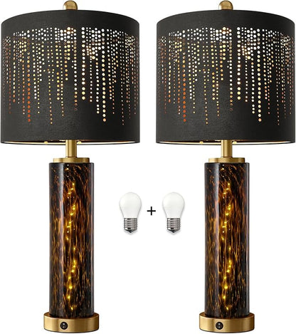 Oneach 27.75" Modern Table Lamps Set of 2, Gold Bedside Lamp with Leopard Glass Nightlight, USB A+C, Black Crystal Shade, Unique Desk Lamps for Living Room, Bedroom, Nightstand (2 Bulbs Included)