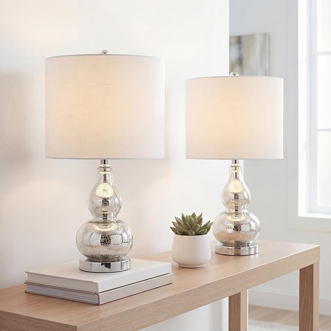 JONATHAN Y JYL1028C-SET2 20.5" Silver Mercury Glass Gourd Table Lamp Set of 2, Modern Glam Bedside Nightstand Lamps for Bedroom, Living Room, Office, End Table with White Linen Drum Shade