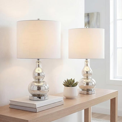 JONATHAN Y JYL1028C-SET2 20.5" Silver Mercury Glass Gourd Table Lamp Set of 2, Modern Glam Bedside Nightstand Lamps for Bedroom, Living Room, Office, End Table with White Linen Drum Shade