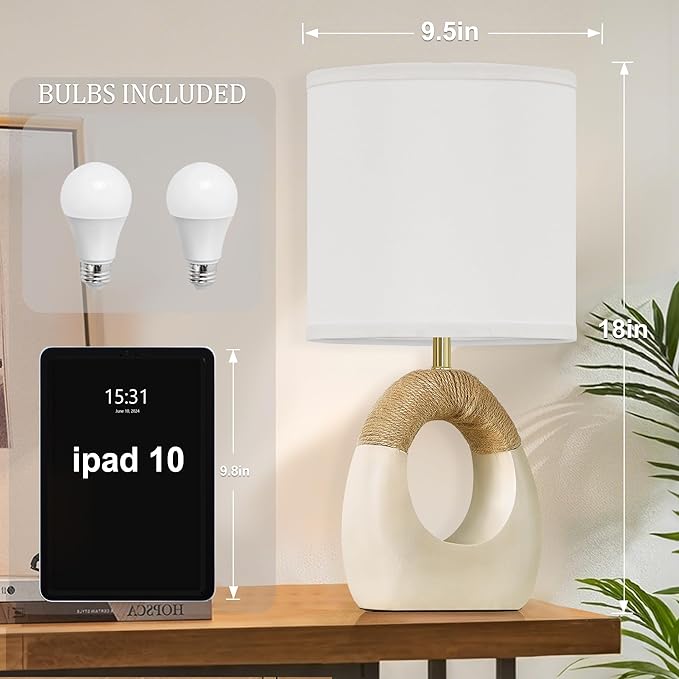 Table Lamp for Bedroom Set of 2 - Bedside Table Lamps with Adjustable Color Temperatures - Boho Rattan Lamps for NightStands Small White Farmhouse Living Room Lamps for Reading Bulbs Included