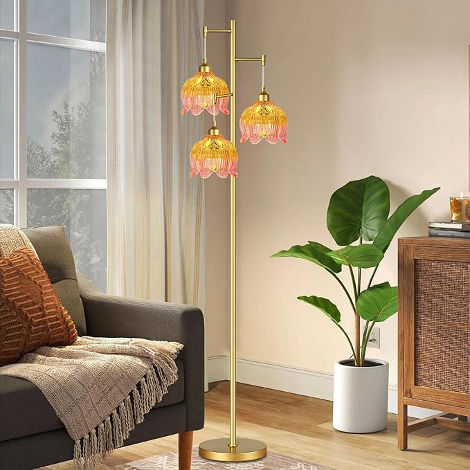 Glass Floor Lamp for Living Room,Bedroom,Gold Mid Century Modern Standing Lamp Brass Tree 3 Light Tall Floor Lamps Vintage Retro Floor Lights Flower Lamp Shade Farmhouse Boho Bohemian