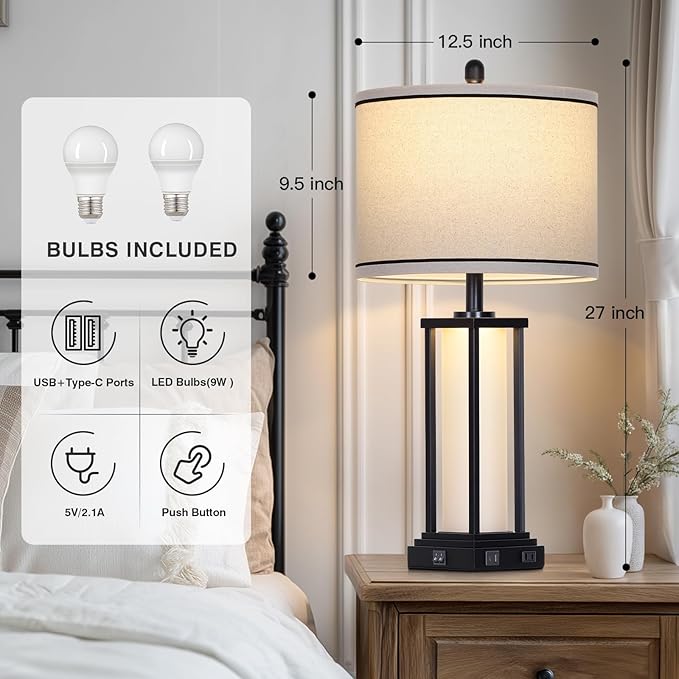 27in Tall Farmhouse Table Lamp Set of 2 with USB C+A & Outlet,Black Industrial End Table Lamp for Living Room,Vintage Rustic Bedside Lamps with Night Light for Bedroom Nightstand,Black