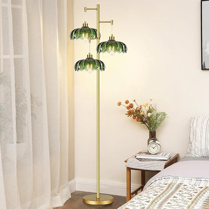 Glass Gold Floor Lamp for Living Room,Bedroom,Mid Century Modern Standing Lamp Brass Tree 3 Light Tall Floor Lamps Vintage Retro Floor Lights Green Flower Lamp Shade Farmhouse Boho Bohemian