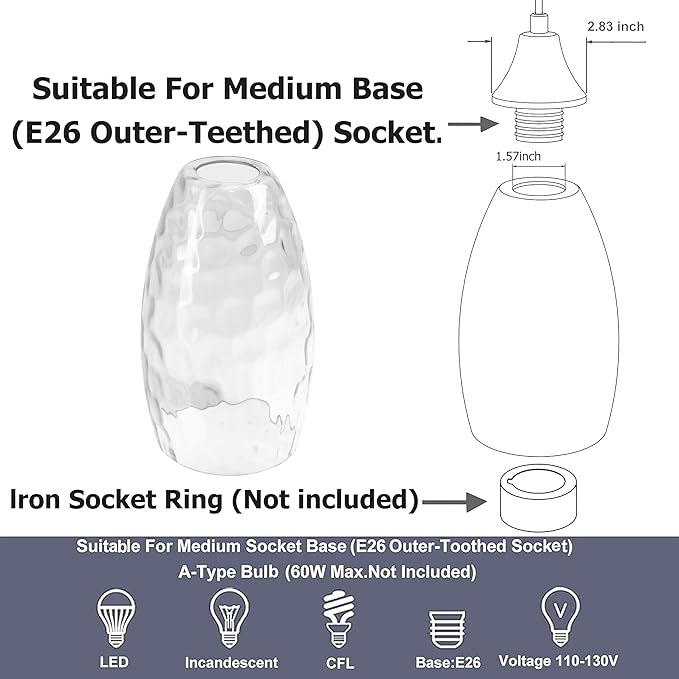 GO&SO 3-Pack Water Ripple Clear Glass Lamp Shades, Hand-Blown Light Fixture kitchen island Pendant Light -7.8"H Oval Fixtures,1.57" Fitter, E26 Base, Transparent Chandelier Shades Replacement Set