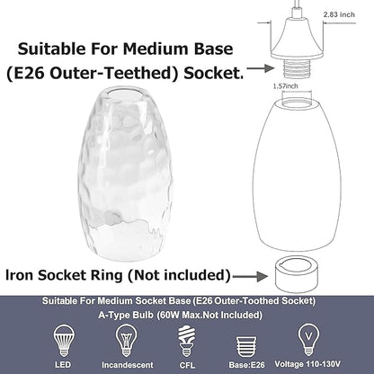 GO&SO 3-Pack Water Ripple Clear Glass Lamp Shades, Hand-Blown Light Fixture kitchen island Pendant Light -7.8"H Oval Fixtures,1.57" Fitter, E26 Base, Transparent Chandelier Shades Replacement Set