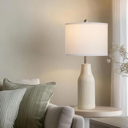 24.5" Modern Ceramic Table Lamp for Nightstand, Farmhouse Bedside Lamp for Bedroom, Small Table Lamp for Living Room End Table, Beige (1 Pack)