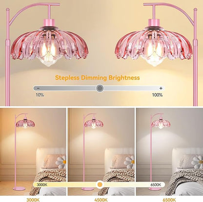 Pink Floor Lamp for Living Room,Bedroom,Glass Dimmable Standing Lamp with Remote,Gold Mid Century Modern Brass Tall Lamp Boho Floor Lamps Arc Stained Flower Floor Light Lamp Girls kids Bohemian