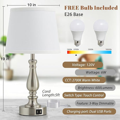 Table Lamps for Bedrooms Set of 2 - Touch Bedside Lamps with USB C+A Ports,Dimmable White Nightstand Lamps for End Tables, Farmhouse Night Stand Lamps for Living Room Bed Side Guest Room
