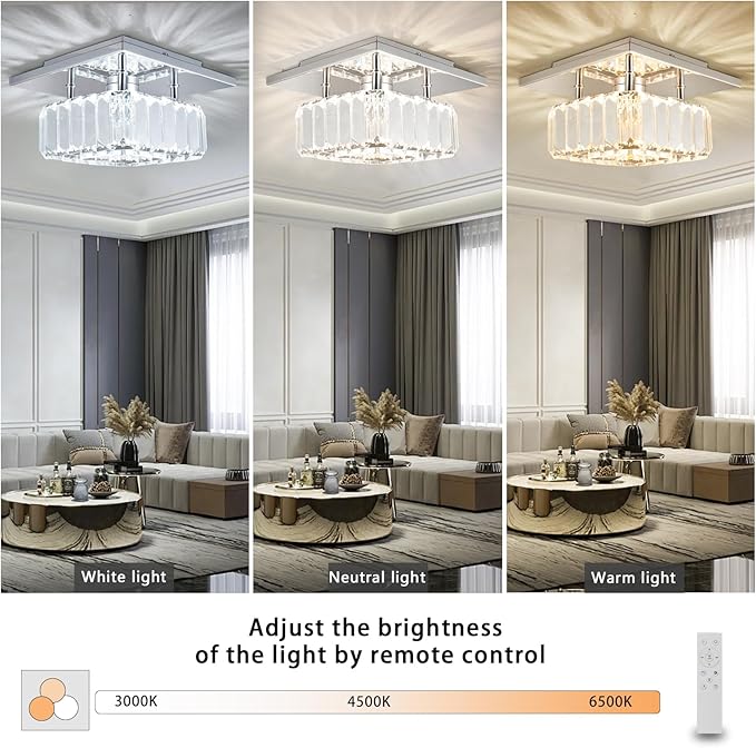 CLAIRDAI Crystal Ceiling Light Square Flush Mount LED Ceiling Light Fixture Modern Led Chandelier Crystal Ceiling Lamps for for Kitchen Hallway Foyer Living Room Bedroom (Dimmable)