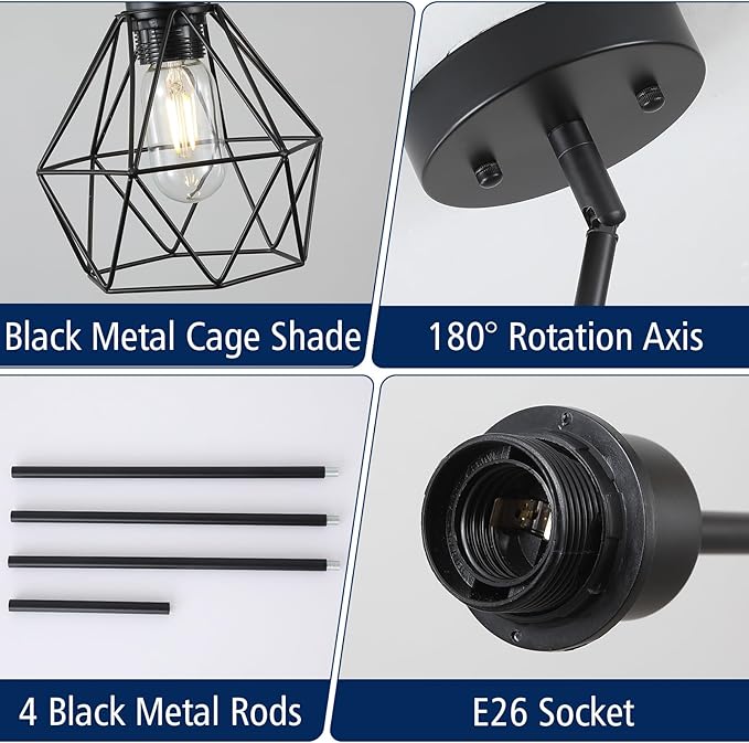 2 Pack Black Pendant Lights Kitchen Island, Modern Farmhouse Hanging Light Fixture with Metal Cage Shade, Industrial Pendant Light for Kitchen Dining Area Entryway, Adjustable Height