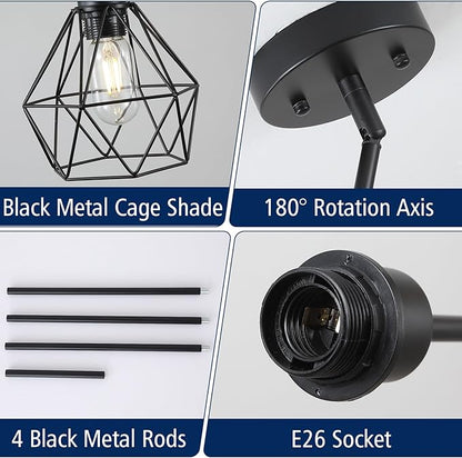 2 Pack Black Pendant Lights Kitchen Island, Modern Farmhouse Hanging Light Fixture with Metal Cage Shade, Industrial Pendant Light for Kitchen Dining Area Entryway, Adjustable Height