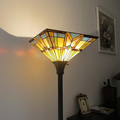 Tiffany Style Mission Floor Lamp Stained Glass Shade Torchiere Lamps, Vintage Uplight Standing Light Fixture for Living Room Bedroom Office, Multi-Colored