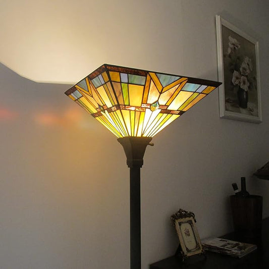 Tiffany Style Mission Floor Lamp Stained Glass Shade Torchiere Lamps, Vintage Uplight Standing Light Fixture for Living Room Bedroom Office, Multi-Colored