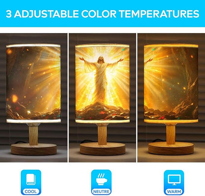 The Resurrection of Jesus Table Lamp LED 3-Color Pressed Bedside, The Resurrection of Jesus Shade Lamp with Wood Base for Bedroom Living Room Desk Office TL01