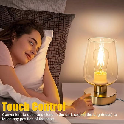 Touch Bedside Table Lamp with Glass Shade, Gold Modern Small Lamp for Bedroom Living Room Nightstand, 3 Way Dimmable Desk Lamp with USB C+A+AC Outlet Charging Ports, 800LM LED Bulb Included