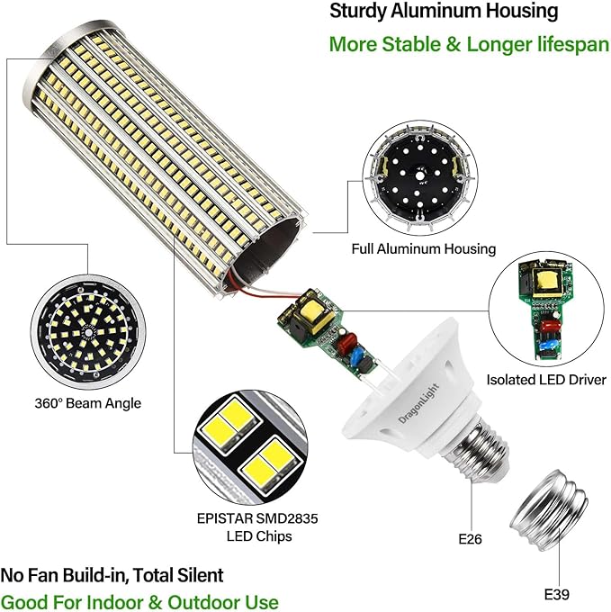 DragonLight 80W Super Bright LED Corn Light Bulbs (600 Watt Equivalent) - E26/E39 Large Mogul Base LED Lamp 5000K Daylight 9,600 Lumens for High Bay Area Lighting, Pack of 2