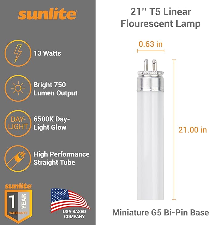 Sunlite 21-Inch F13T5/DL T5 Linear Fluorescent Lamp, 13 Watts, 750 Lumens, 6500K Daylight, Miniature G5 Bi-Pin Base, ROHS Compliant, High Performance Straight Tube, 10 Pack