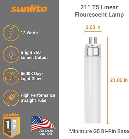 Sunlite 21-Inch F13T5/DL T5 Linear Fluorescent Lamp, 13 Watts, 750 Lumens, 6500K Daylight, Miniature G5 Bi-Pin Base, ROHS Compliant, High Performance Straight Tube, 10 Pack