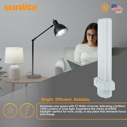 Sunlite FML27/65K Quad Tube Plug-in Compact Fluorescent Lamp, FML 4-Pin, 27 Watts, 1500 Lumens, 6500K Daylight, 4-Pin (GX10q4) Base, 120 Volts, 1 Pack