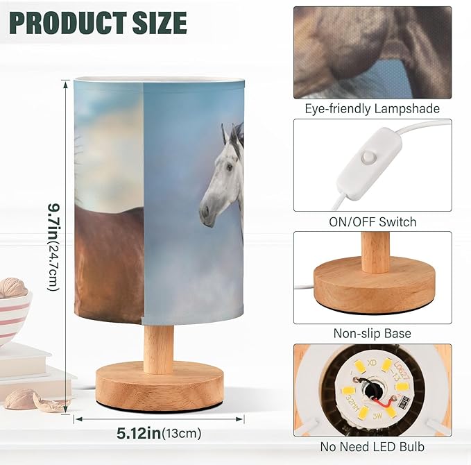 Bedside Lamp Horses Table Lamp for Bedroom LED Nightstand Lamp Shade USB Ports Wood Base for Living Room Dorm Office
