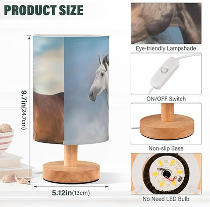 Bedside Lamp Horses Table Lamp for Bedroom LED Nightstand Lamp Shade USB Ports Wood Base for Living Room Dorm Office