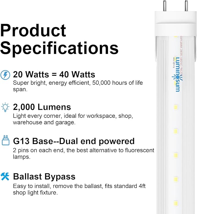 T8 LED Tube Light Bulbs 4 Foot 20W 40W Equivalent, 4000K Natural White 2000LM, T8 T10 T12 Fluorescent Replacement, Dual-end Powered Ballast Bypass, Clear Cover ETL Listed for Shop, 10-Pack