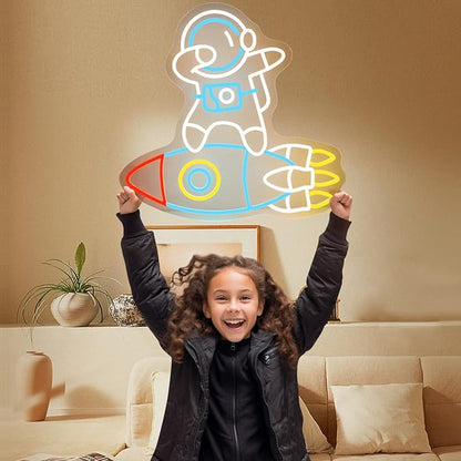 Astronauts & Rockets Neon Sign, Dimmable Spaceman LED Neon Light for Wall Decor Space Room Decor for Gifts for Teen Kids, Man Cave,Game Room