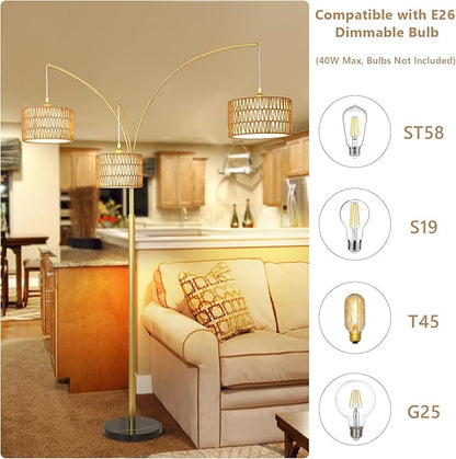 Modern Gold Floor Lamp for Bedroom, Arc Standing Lamp for Living Room, Dimmable Boho Rattan Tall Lamp, Farmhouse Floor Lamps for Office Decor, Height Adjustable Arched Lamp, Over Couch Reading Lamp