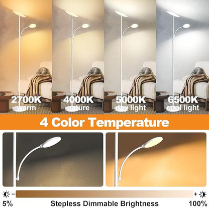 White Floor Lamps for Living Room, 44W/4500LM Super Bright 2 in 1 LED Floor Lamp with Remote, Stepless Dimmable, 69" Tall Standing Floor Lamp with Bendable Reading Light for Bedroom Office