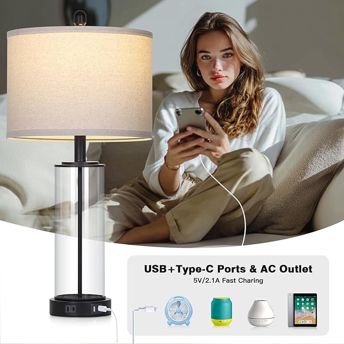 26" Black Glass Table Lamps Set of 2, 3-Way Dimmable Touch Control Glass Lamps for Living Room, Modern Bedroom Lamp with USB C+A Ports & Outlet, Classic Bedside Lamp for Nightstand Side End Decoration