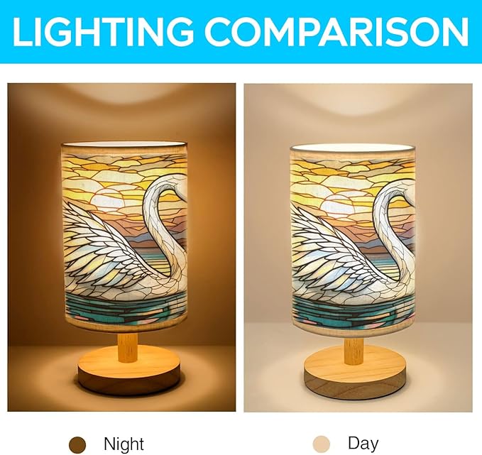 Swan Table Lamp LED 3-Color Pressed Bedside, Swan Shade Lamp with Wood Base for Bedroom Living Room Desk Office TL01