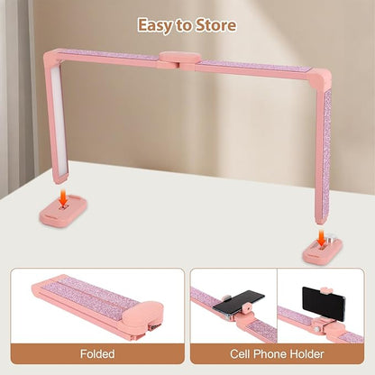 FAHKNS Large Half-Moon Light for Nail Desk, 34IN Foldable LED Lamp with Phone Holder, 3000-6000K Color Temperature, Stepless Brightness Adjustment, Nail Art, Tattooing, Pink with Diamonds