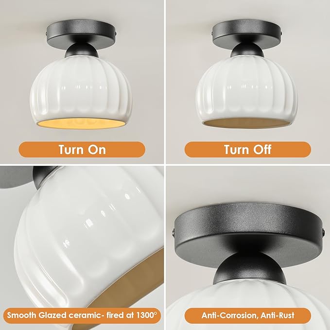 Black Semi Flush Mount Ceiling Light - 2 Pack, Glaze Ceramic Vintage Hallway Light Fixtures, Milk White Globe Ceiling Lights, Mid Century Small Light Fixture for Cottage Entryway Laundry Room Foyer