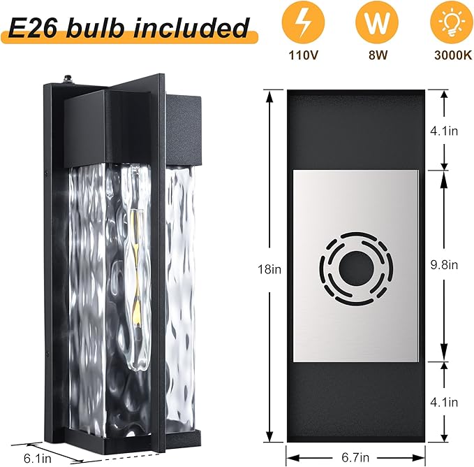 18IN Modern Exterior Lighting Fixtures(T300 Bulb Included), Dusk to Dawn Outdoor Lighting Waterproof Rippled Glass Wall Sconces, Open Bottom Outside Lights for House, Porch, Garage