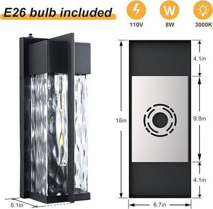 18IN Modern Exterior Lighting Fixtures(T300 Bulb Included), Dusk to Dawn Outdoor Lighting Waterproof Rippled Glass Wall Sconces, Open Bottom Outside Lights for House, Porch, Garage