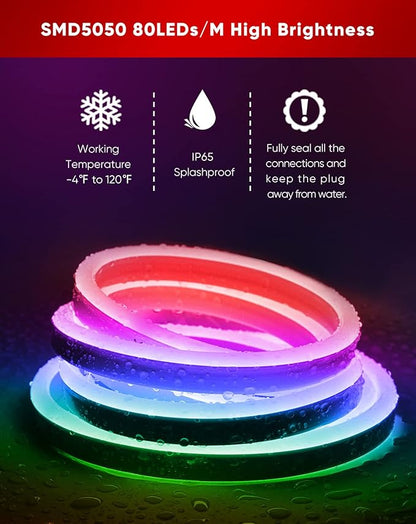 Shine Decor LED RGB Neon Rope Lights AC 120V, Expandable & Cuttable Bright Strip Lighting with Remote, Dimmable Color Changing, ETL Cold-Resistant & IP65 Waterproof for in&Outdoor, 10x20mm, 131.2FT