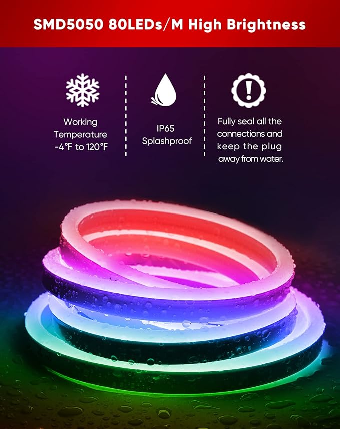 Shine Decor LED RGB Neon Rope Lights AC 120V, Expandable & Cuttable Bright Strip Lighting with Remote, Dimmable Color Changing, ETL Cold-Resistant & IP65 Waterproof for in&Outdoor, 10x20mm, 98.4FT