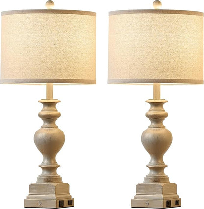 30“ Set of 2 Farmhouse Table Lamps with USB A+C & AC Outlet, Vintage Bedroom Touch Bedside Lamp Nightstand Traditional Side Table Lamp for Living Room Office