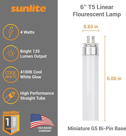 Sunlite 6-Inch F4T5/CW T5 Linear Fluorescent Lamp, 4 Watts, 135 Lumens, 4100K Cool White, Miniature G5 Bi-Pin Base, ROHS Compliant, High Performance Straight Tube, 10 Pack