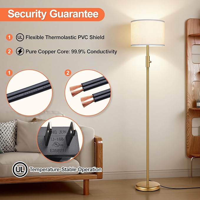 【Upgraded】 Dimmable Gold Floor Lamps for Living Room, 11W LED Bulb Included, Modern Standing Lamp with White Lamp Shade, Tall Pole Light for Bedroom Reading Office Corner Nursery