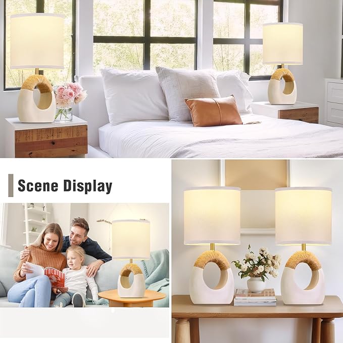 Table Lamp for Bedroom Set of 2 - Bedside Table Lamps with Adjustable Color Temperatures - Boho Rattan Lamps for NightStands Small White Farmhouse Living Room Lamps for Reading Bulbs Included