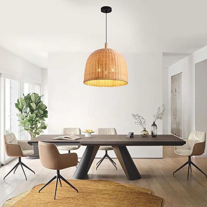3-Light Rattan Pendant Light,17.7" Boho Pendant Light Wicker Hanging Light,Hand-Woven Rattan Chandelier for Dining Living Bedroom Kitchen Farmhouse