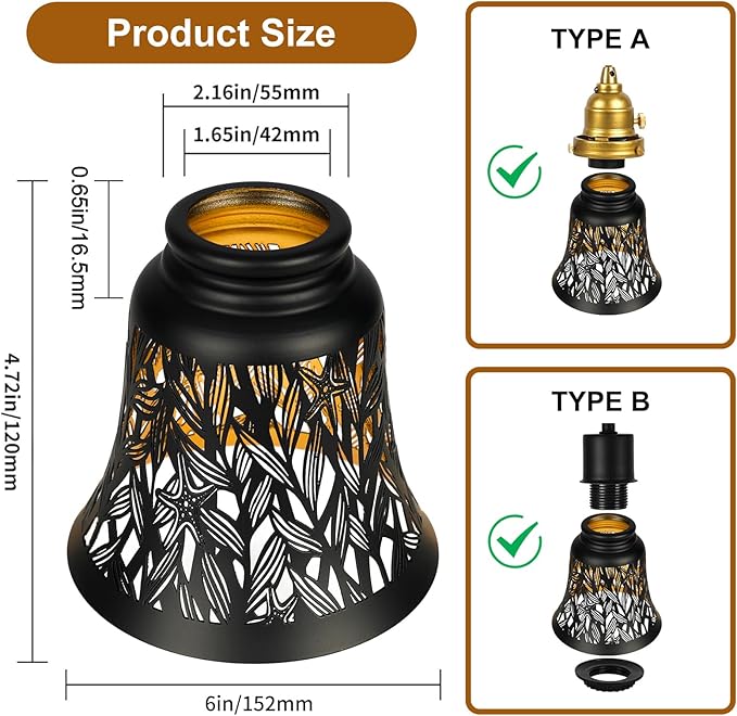 Pendant Light Shades, 4 Pack Ceiling Fan Light Shade Replacements with 1-5/8" Fitter, ALUCSET 4.72" Height and 4-3/4" Diameter, Metal Bell Shaped Cover for Chandelier Pendant Light Wall Sconces