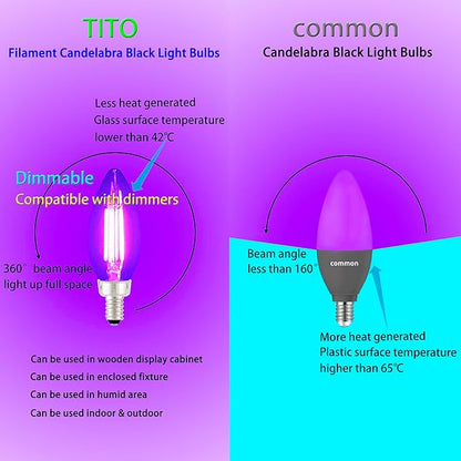 TITO 6 Pack E12 B11 Dimmable Filament LED Candle Black Light Bulbs, UVA 395nm 4.5W Candelabra Black Light Bulb, 60W Blacklight Bulb Equivalent, Glow in Dark Halloween Christmas Party Fluorescent Decor