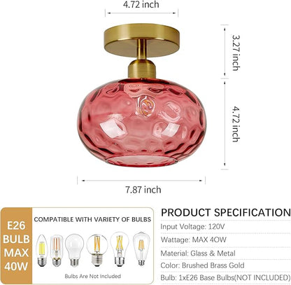 Red Glass Semi Flush Mount Ceiling Light - 2 Pack,7.9 Inch Small Hammered Art Deco Glass Hallway Light fixtures, Vintage Gold Flush Mount Ceiling Light for entryway Foyer Laundry Room Kitchen