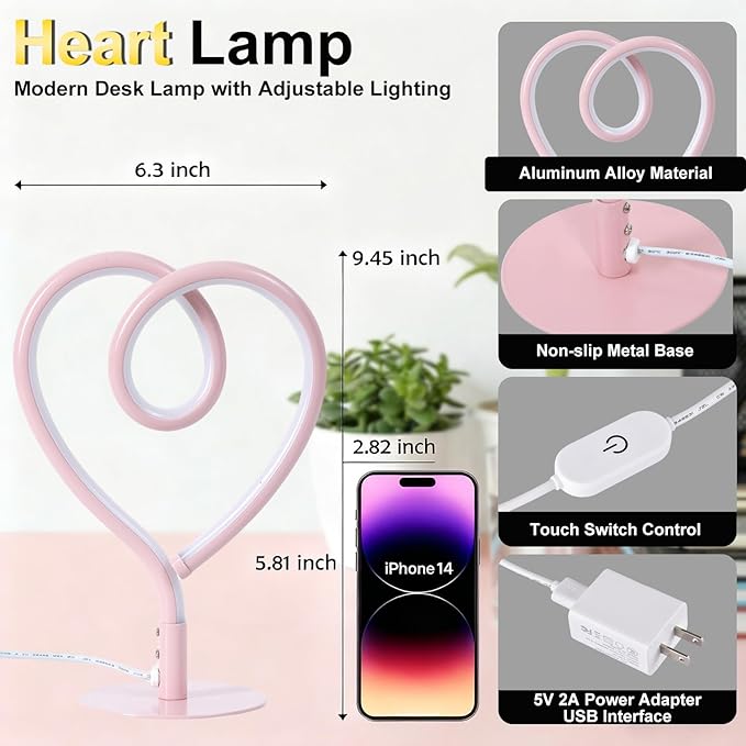 Pink Desk Lamps for Girls Room,3CCT Stepless Dimmable Pink Table Lamp with USB Adapter,Small Heart Lamp,Modern Nightstand Lamps for Bedroom,Nightstand,Office (2 Pack)