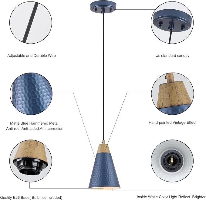 Dijiahua Blue Kitchen Pendant Lighting Over Island 3 Pack,Small Modern Farmhouse Chandeliers Navy Hammered Metal Shade,Mini Vintage Adjustable Cord Hanging Ceiling Lamp Fixtures Over Sink